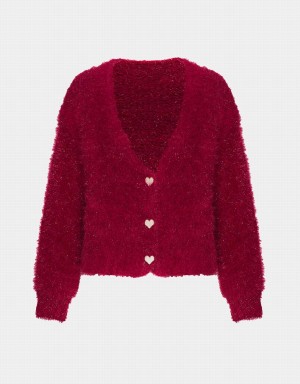 Urban Revivo Heart Button Fluffy Women's Cardigan Red | UKT6717CV