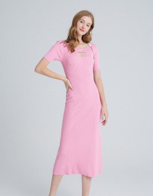 Urban Revivo Heart Cut Out Ribbed Knit Women's Dress Pink | UHQ7883VO