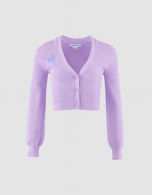 Urban Revivo Heart Embroidery Ribbed Knit Women's Cardigan Purple | BJF1921XR