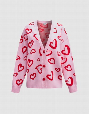 Urban Revivo Heart Pattern Jacquard Button Up Oversized Women's Cardigan Pink | UDV5528LT