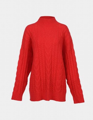 Urban Revivo High Neck Cable Knit Holiday Women's Sweaters Red | HXI9223LM