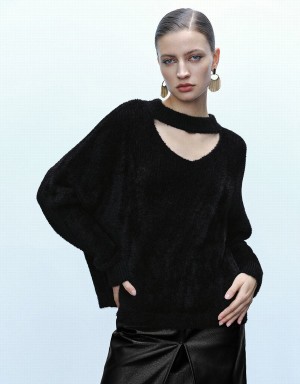 Urban Revivo Keyhole Neck Knitted Women's Cardigan Black | RAD8178XJ