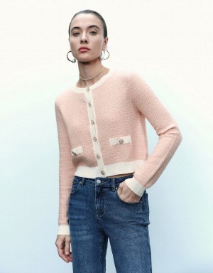 Urban Revivo Knitted With Faux Pearl Buttons Women's Cardigan Pink | XNH942VD