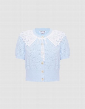 Urban Revivo Lace Collar Pointelle Button Up Women's Cardigan Blue | VHQ1525FB