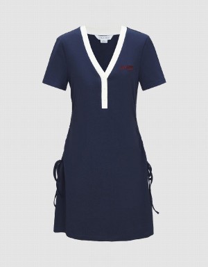 Urban Revivo Lace Up Side A-Line Women's Dress Blue | PDK4150HQ