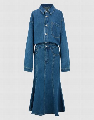 Urban Revivo Lapel Denim Women's Dress Blue | MCR1615UP