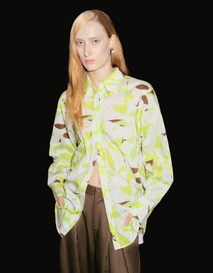 Urban Revivo Leaf Print Button Up Women's Shirts Green | LWN213HI