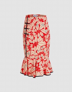 Urban Revivo Leaves Print Frog Button Fishtail Women's Skirts Red | TIA4576SB