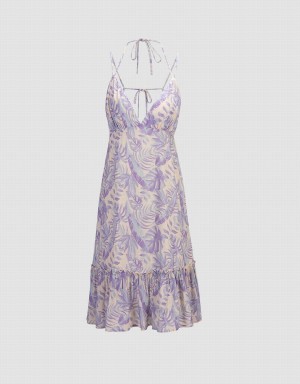 Urban Revivo Leaves Print Ruffle Hem Cami Women's Dress Purple | TIV638DB