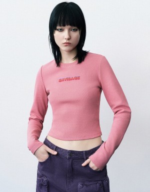 Urban Revivo Letter Embossed Crew Neck Knitted Women's T Shirts Pink | HRC5436VT