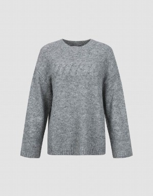 Urban Revivo Letter Embossed Crew Neck Women's Sweaters Grey | IXC6753EF