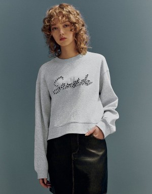 Urban Revivo Letter Embroidered Crew Neck Loose Women's Sweatshirts Light Grey | OJO5146WH