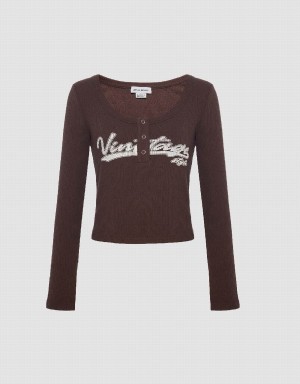 Urban Revivo Letter Print With Press Buttons Women's T Shirts Brown | CHF1138NT