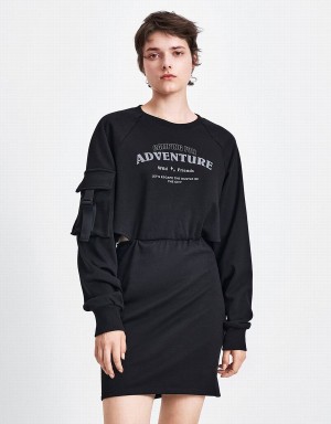 Urban Revivo Letter Printed Crew Neck A-Line Women's Dress Black | PRB8488YK