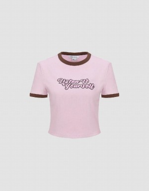 Urban Revivo Letter Printed Crew Neck Regular Women's T Shirts Pink | ZFE6061XO