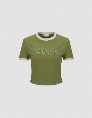 Urban Revivo Letter Printed Crew Neck Regular Women's T Shirts Green | LMJ482AL