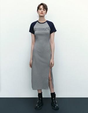 Urban Revivo Letter Printed Crew Neck Straight Women's Dress Grey | WOQ8926XS