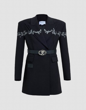 Urban Revivo Letter Printed Tailored With Belt Women's Blazers Black | SCU1963LD