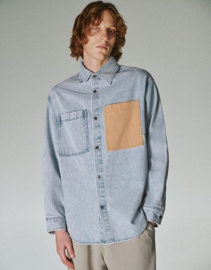 Urban Revivo Loose Denim Men's Shirts Blue | JTQ926AM