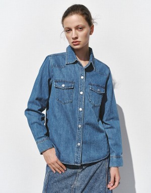 Urban Revivo Loose Denim With Pressed Buttons Women's Shirts Blue | XGX358RM