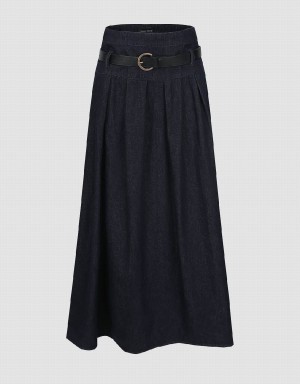 Urban Revivo Midi A-Line Denim With Belt Women's Skirts Blue | NQR38EV