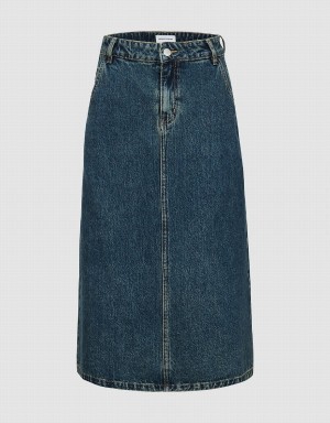 Urban Revivo Midi A-Line Denim Women's Skirts Blue | VDY7614RO