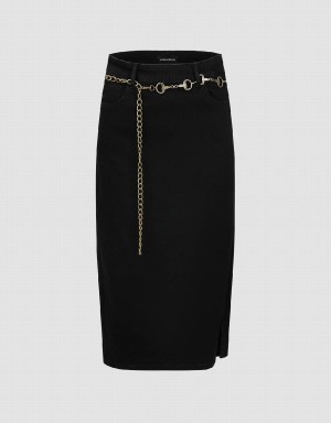 Urban Revivo Midi Straight Denim With Chain Women's Skirts Black | CXG4011SC