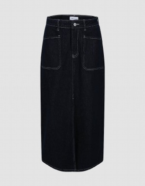 Urban Revivo Midi Straight Denim Women's Skirts Blue | MTT333IX