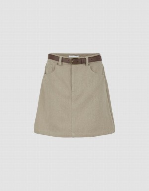 Urban Revivo Mini A-Line Denim With Belt Women's Skirts Khaki | FHQ7452WP