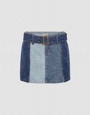 Urban Revivo Mini A-Line Denim With Belt Women's Skirts Blue | WZF7989KI