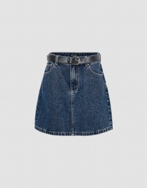 Urban Revivo Mini A-Line Denim With Belt Women's Skirts Blue | OWU9011TD