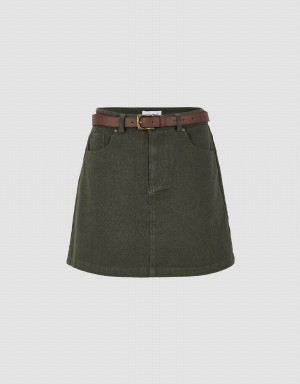 Urban Revivo Mini A-Line Denim With Belt Women's Skirts Green | UKK4429SC