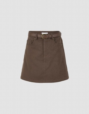 Urban Revivo Mini A-Line Denim With Belt Women's Skirts Dark Brown | VSQ65YG