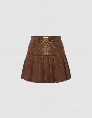 Urban Revivo Mini A-Line Denim Women's Skirts Khaki Brown | TPP4677TR