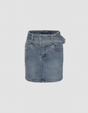 Urban Revivo Mini Skinny Denim Women's Skirts Blue | VRZ4370AK