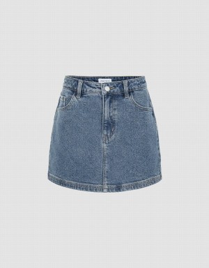 Urban Revivo Mini Straight Denim Women's Skirts Blue | URF6079AN