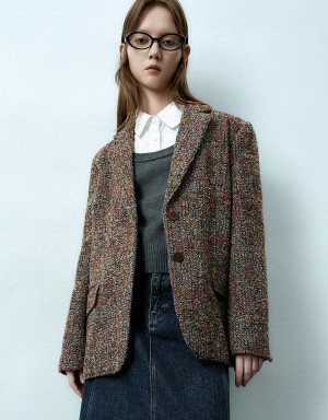 Urban Revivo Notch Lapel Tweed Women's Blazers Brown Multicolor | UEU8550TT