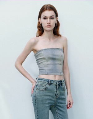 Urban Revivo Off-Shoulder Denim Tube Top Women's Shirts Blue | THV2347XF