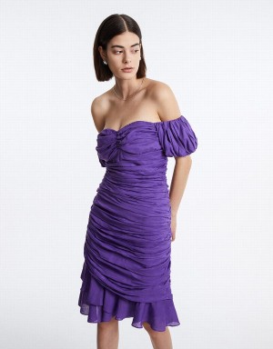 Urban Revivo Off Shoulder Ruched Ruffle Hem Women's Dress Purple | XSQ514LN