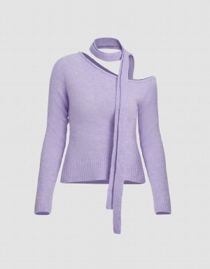 Urban Revivo One Shoulder Knitted Women's Cardigan Purple | VAQ8572ET