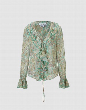 Urban Revivo Paisley Print Ruffled Women's Shirts Green | JBS9250FX