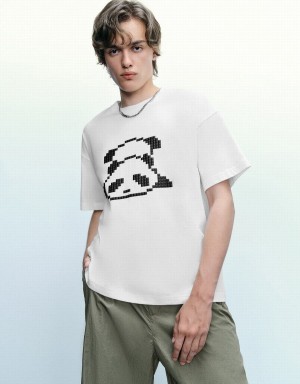 Urban Revivo Panda Printed Crew Neck Men's T Shirts White | UYL5696MN