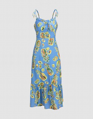 Urban Revivo Pineapple Print Tie Strap Ruffle Hem Cami Women's Dress Blue | RBR4276BW