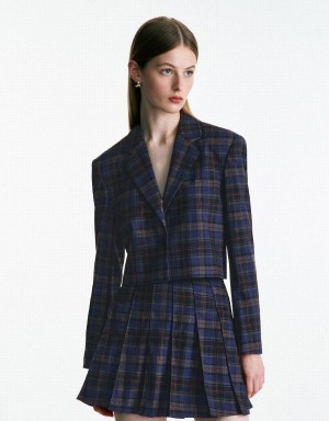 Urban Revivo Plaid Cropped Checkered Women's Blazers Blue | TKX267EK