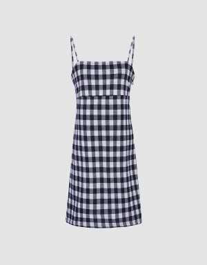 Urban Revivo Plaid Knitted Cami Checkered Women's Dress Blue | UAD2699WO