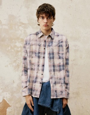 Urban Revivo Plaid Oversized Men's Shirts Khaki | PMW2341XN