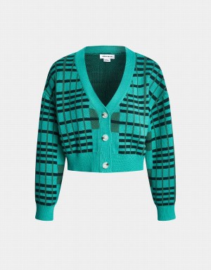 Urban Revivo Plaid Pattern Drop Shoulder Crop Knit Women's Cardigan Light Green | JLC76100TN