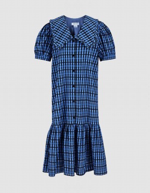 Urban Revivo Plaid Puff Sleeve Ruffle Hem Checkered Women's Dress Blue | EWL6049ZS