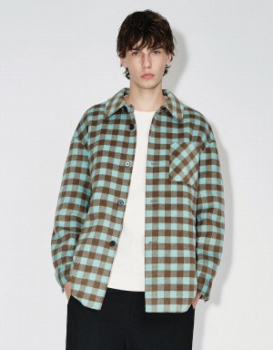 Urban Revivo Plaid Straight Woolen Men's Jackets Green | BOD4861MF