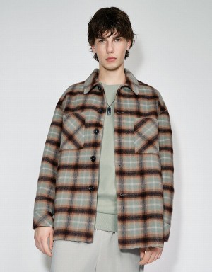 Urban Revivo Plaid Straight Woolen Men's Jackets Green | DSI8182TN